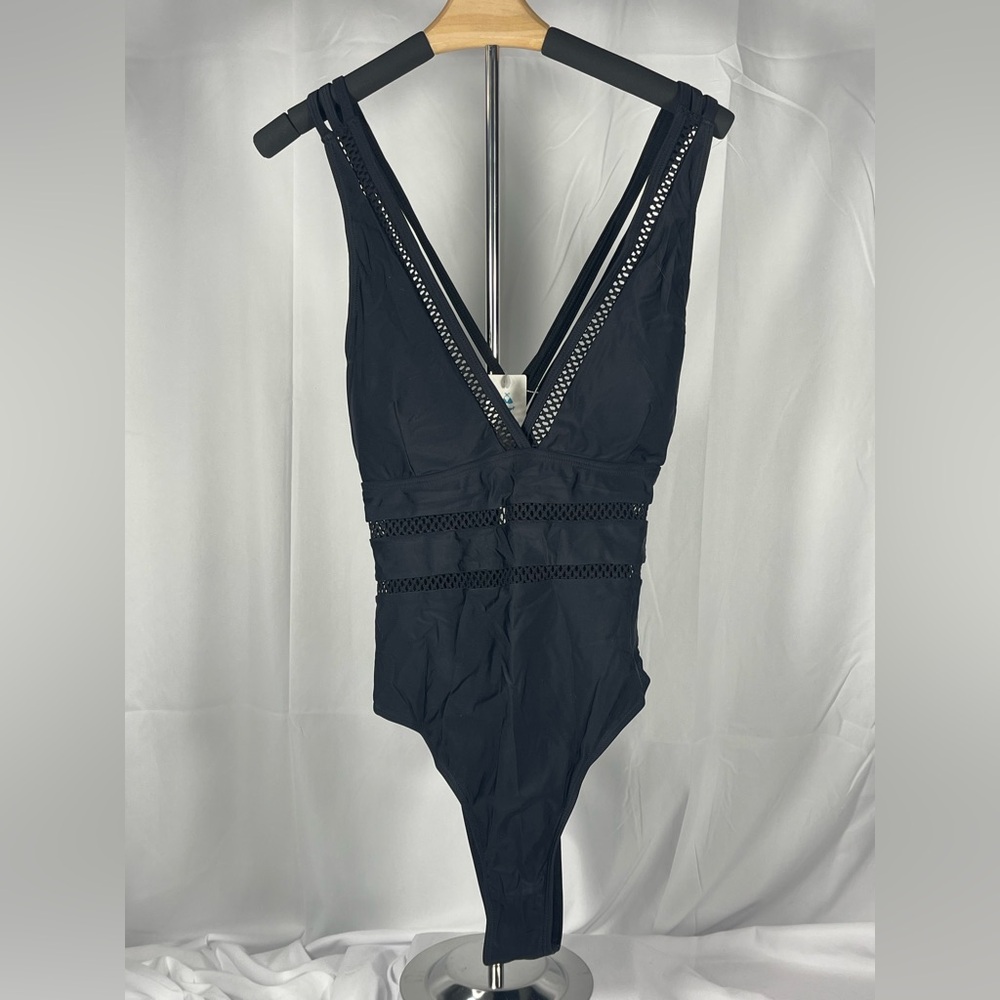 Women's Black Deep V One-Piece Swimsuit w/mesh accents, high cut leg. NEW large